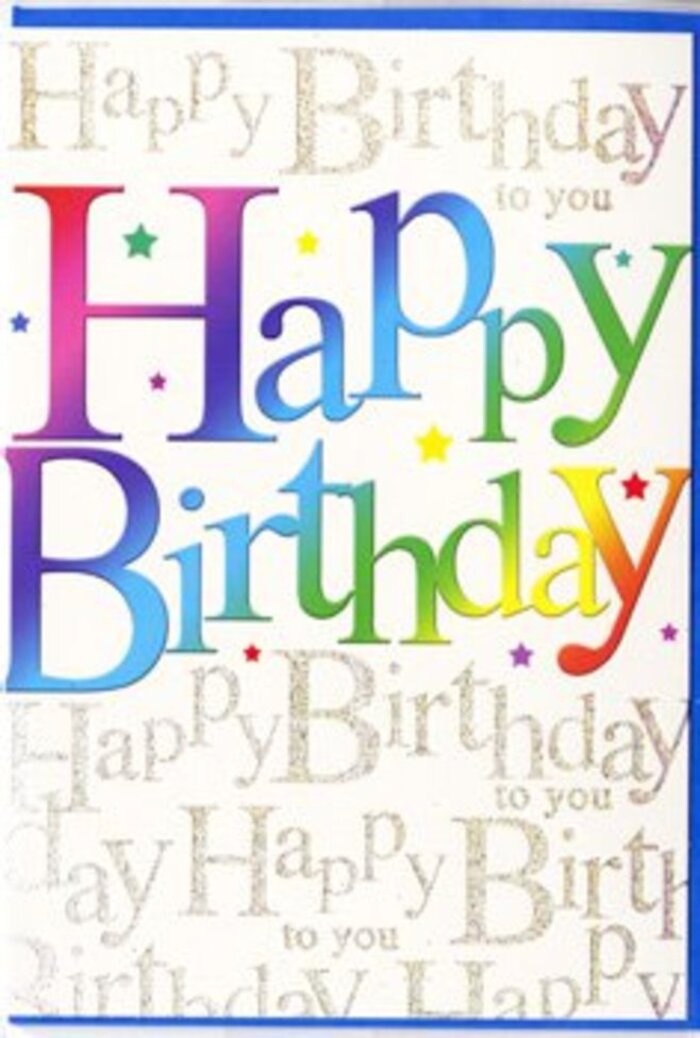 Spread across the front of this birthday card is an exuberant Happy Birthday greeting that seems to glow with the easy charm of a Notting Hill party at dusk. The letters are big and confident, each one wrapped in a different colour from the rainbow, blending subtly from fiery red to warm orange, golden yellow, leafy green, sky blue, and deep purple. The colours appear soft-edged rather than harsh, as though brushed gently onto the card, reminiscent of pastel shopfronts and painted doors dotted around the streets between Pembridge Road and Westbourne Park. This joyful typographic banner sits prominently in the foreground, catching the eye instantly, like bunting strung overhead at a local birthday picnic in one of the neighbourhood's secret communal gardens. Behind the vivid lettering, the background is alive with refined detail: a wash of light, neutral tone overlaid with looping gold script that repeatedly spells out Happy Birthday to you. The handwriting-style text flows diagonally or in soft horizontal lines, its golden ink twinkling delicately, as if touched by the last rays of sunlight over the terraces near Kensington Park Gardens. You can almost sense a gentle texture in the metallic script, as though you could trace each elegant curve with your finger. Tiny scattered flecks of colour and subtle shimmering touches weave through the design like fine confetti or fairy lights, adding a festive, almost musical rhythm to the card. The overall impression is of something lovingly chosen-a card that feels personal and heartfelt, sophisticated yet fun, ideal for marking a special birthday with the same relaxed warmth you'd find at a neighbourly gathering in Notting Hill.