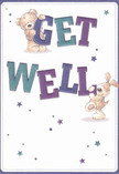 Cheerful and uplifting, this get well card's design centres on two loveable figures-a soft-furred teddy bear and a playful puppy-who seem to leap joyfully from the creamy background, embodying encouragement and affection. Each character balances atop the vivid letters of 'Get Well,' the text shaded in striking indigos and teals that stand out with the same vibrancy as early spring blooms in a Notting Hill shop window. Scattered throughout the card are twinkling stars, painted in delicate purples and blues, infusing the scene with hope and a magical sense of possibility akin to walking through Elgin Crescent after a rain shower. The illustrated bear and pup are rendered with such softness that their comforting embrace feels almost real-a testament to the artist's attention to detail and warmth. As you imagine the tactile fur and gentle forms, it mirrors the thoughtfulness in assembling a restorative bouquet for delivery to a friend in Notting Hill. This card offers not only a heartfelt get well wish, but an emotional balm, carrying with it the essence of genuine kindness and neighbourly care that defines our community.