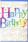 This birthday card radiates pure, unselfconscious joy, much like a bright afternoon wandering around Notting Hill's colourful streets. Front and centre, the words Happy Birthday stretch across the card in large, rounded letters, each one bathed in its own bold hue: deep cherry reds melting into coral and peachy oranges, which then soften into sunny yellows, fresh greens, turquoise blues, and lush purples. The colours flow together like a painted skyline at sunset over the rooftops around Portobello Road, creating a smooth, almost velvety gradient that feels upbeat without being loud. Sitting behind this vibrant greeting is a backdrop of refined, repeating text: Happy Birthday to you, written again and again in intricate, looping gold script. The golden words appear lightly scattered over a pale base, shimmering gently, as though tiny strings of party lights had been draped delicately behind the main message. The metallic finish catches the light in a soft, twinkling way, evoking the glow from cosy café windows along Westbourne Grove when the day begins to fade. Fine specks of colour and the suggestion of subtle glitter add a sense of movement, like stray confetti pieces still clinging to the table after the guests have left. The surface of the card looks smooth and sleek, with just enough gloss to make the colours and gold elements stand out clearly. It feels like a design chosen for someone whose birthday you truly want to honour-a cheerful, modern card that brings to mind laughter, clinking glasses, and the warm, friendly atmosphere of a small celebration in a Notting Hill flat.